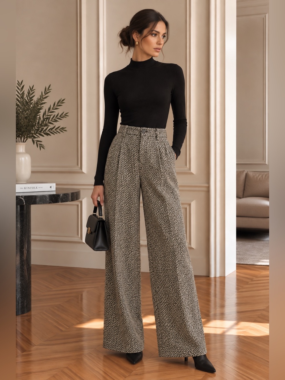 Commense Grey Wool Blend Tweed Wide Leg Pants S | Sold Out